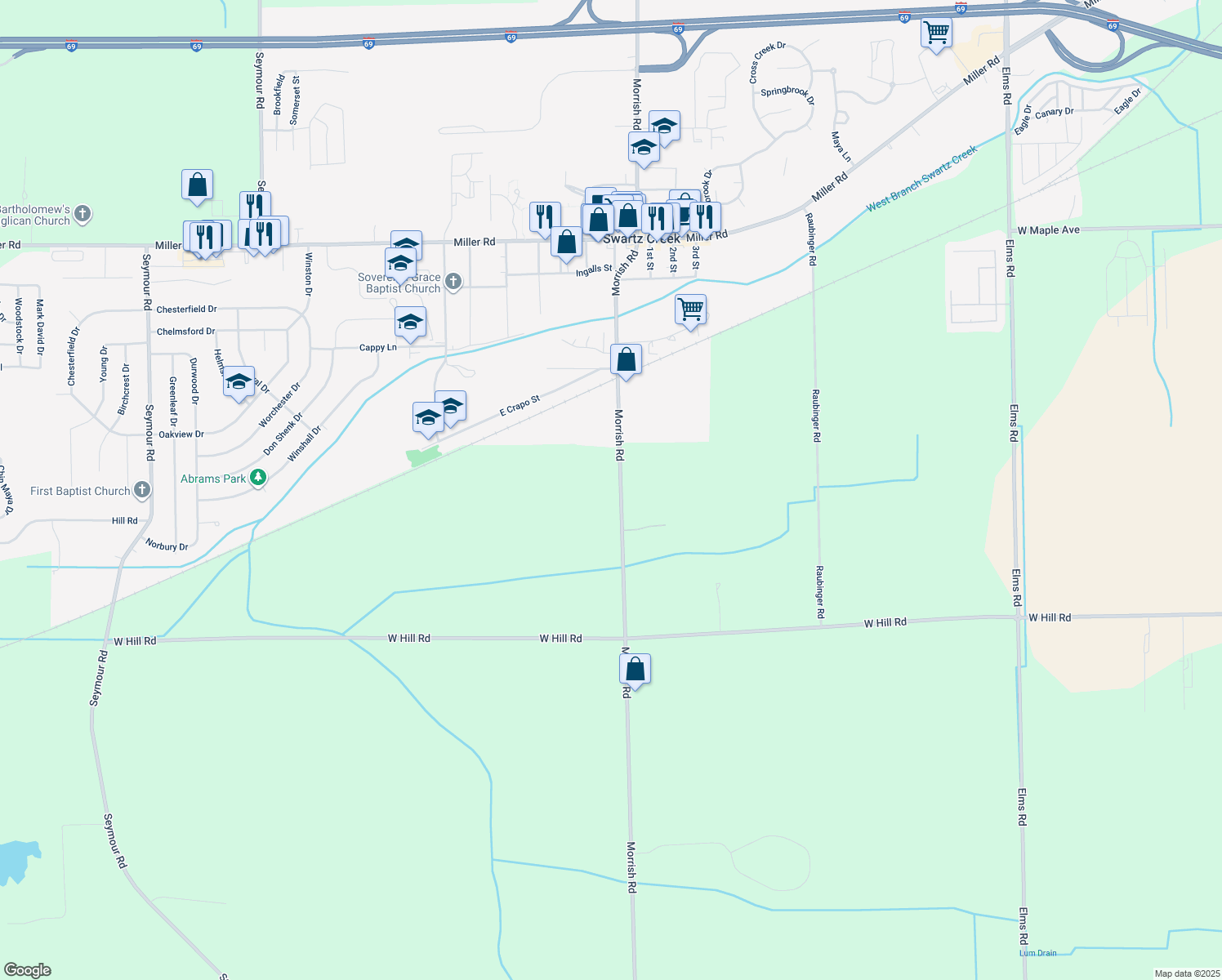 map of restaurants, bars, coffee shops, grocery stores, and more near 5336 Morrish Road in Swartz Creek