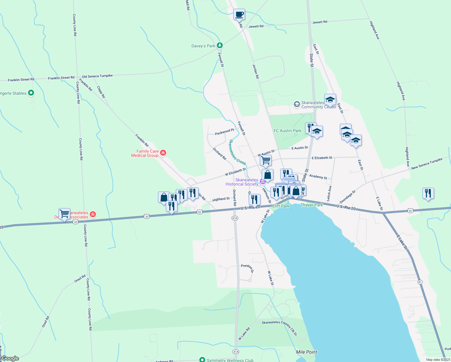 map of restaurants, bars, coffee shops, grocery stores, and more near 67 West Elizabeth Street in Skaneateles