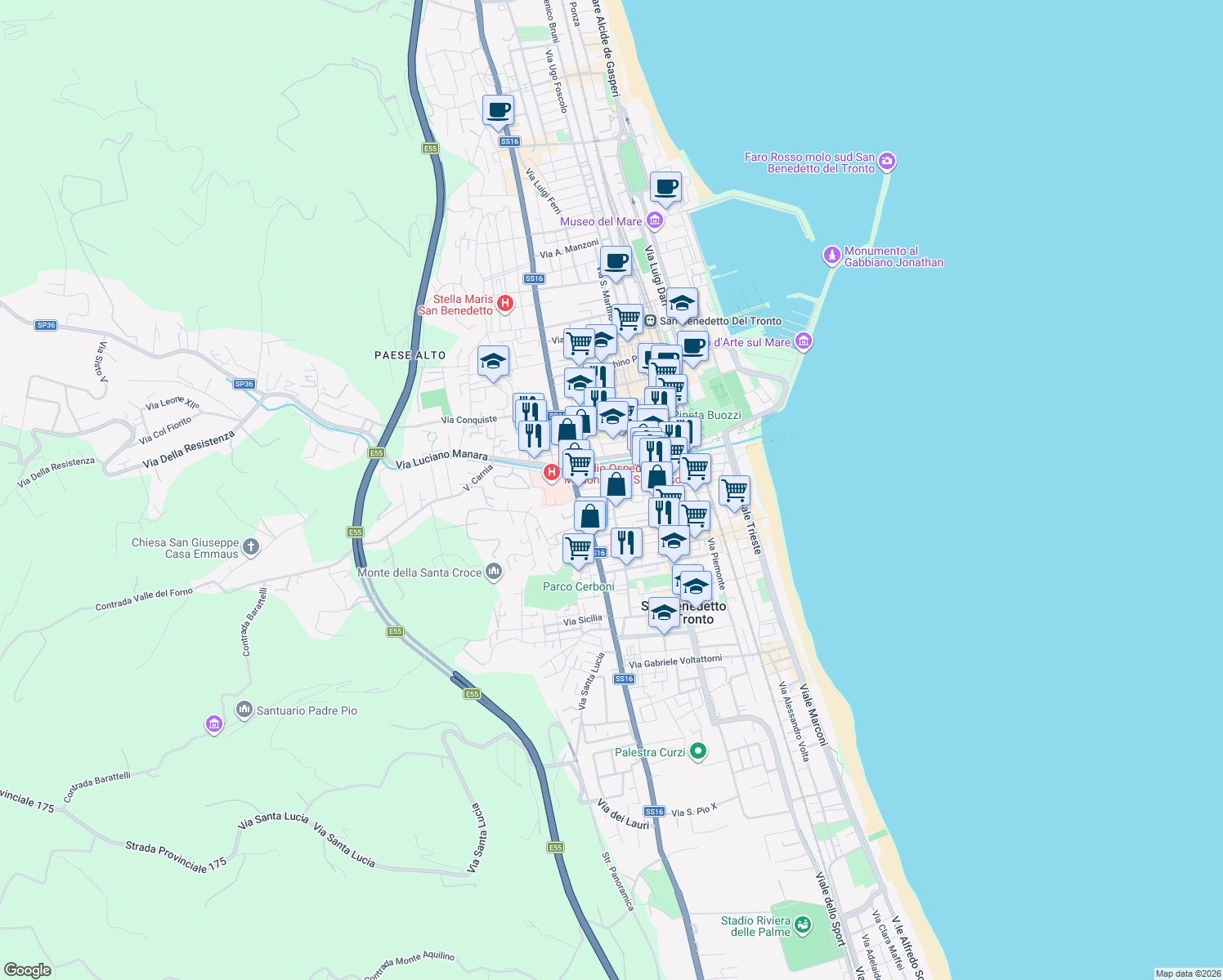 map of restaurants, bars, coffee shops, grocery stores, and more near 48A Via Sabotino in San Benedetto del Tronto