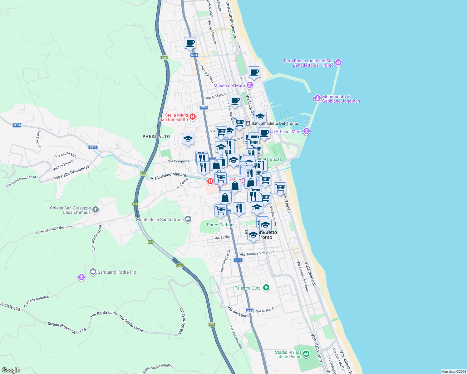map of restaurants, bars, coffee shops, grocery stores, and more near 48A Via Sabotino in San Benedetto del Tronto