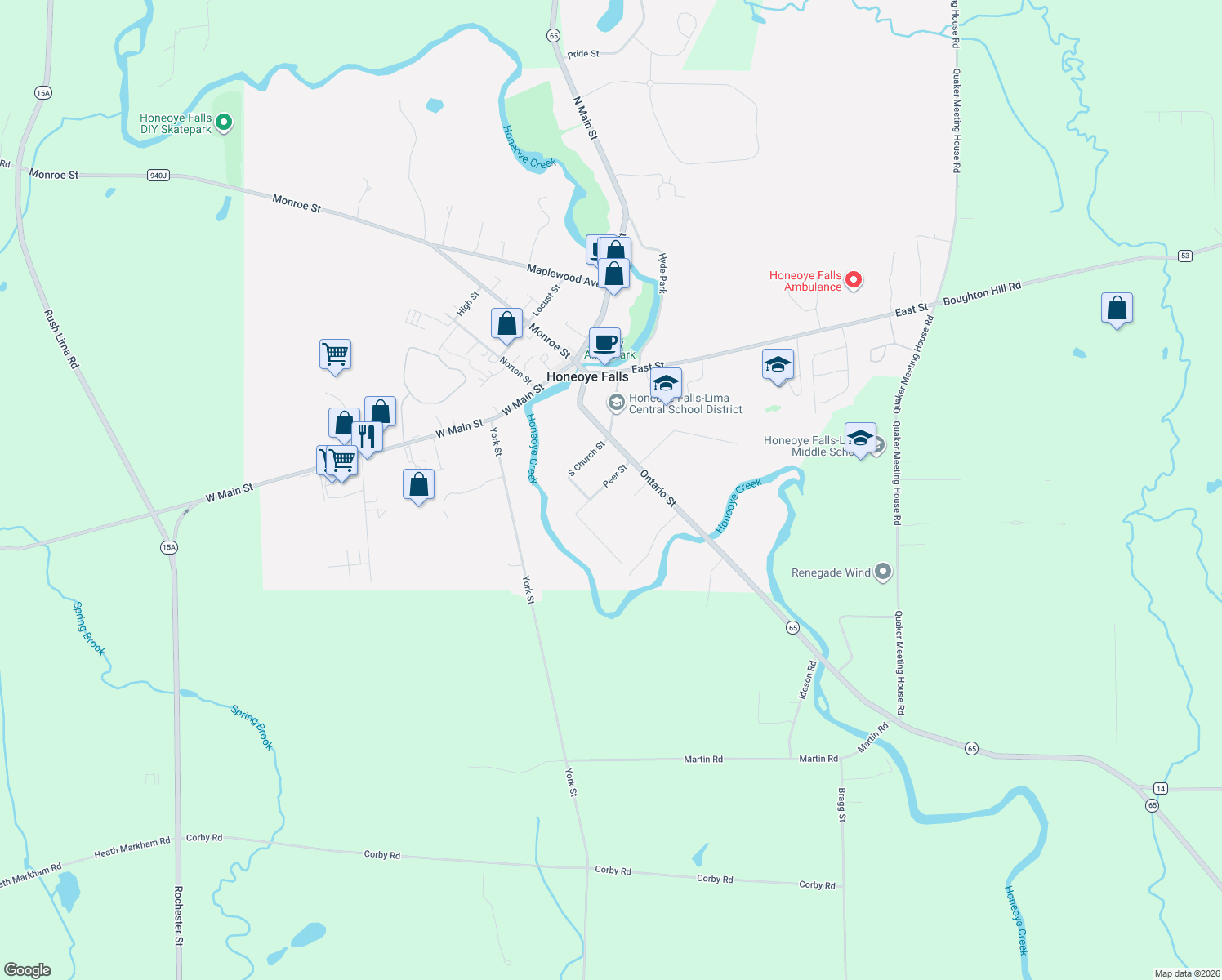 map of restaurants, bars, coffee shops, grocery stores, and more near 24 Peer St in Honeoye Falls