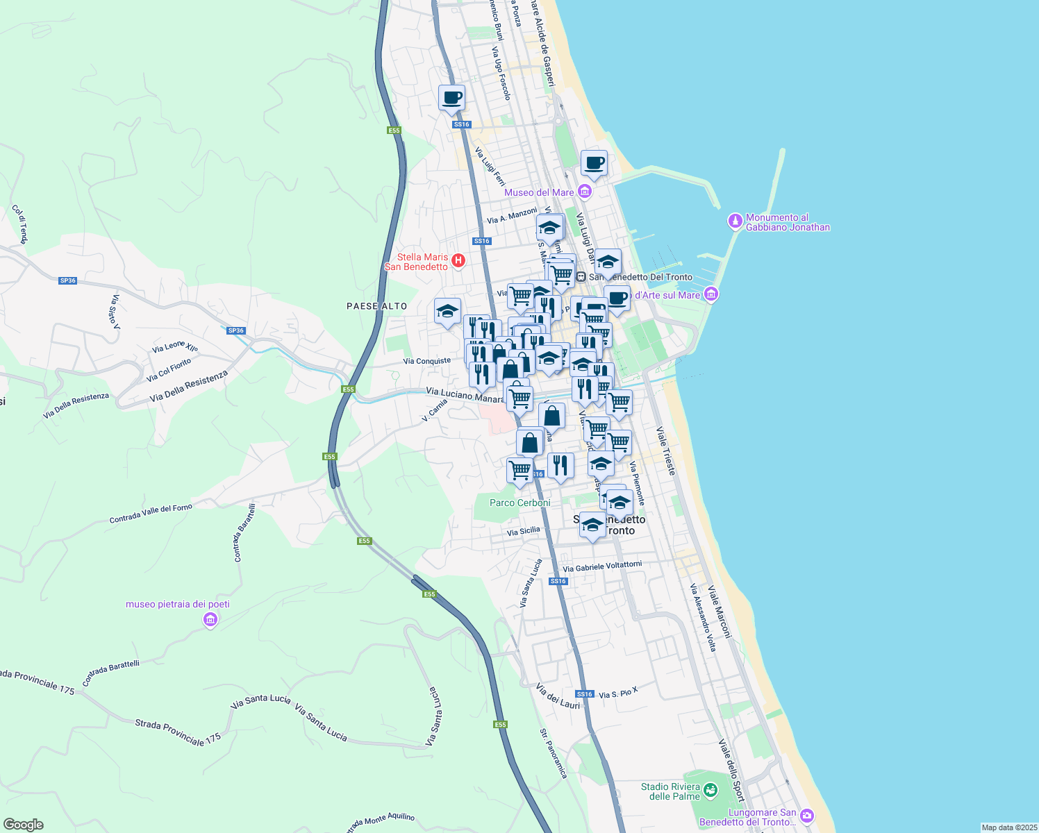 map of restaurants, bars, coffee shops, grocery stores, and more near 19 Via Silvio Pellico in San Benedetto del Tronto