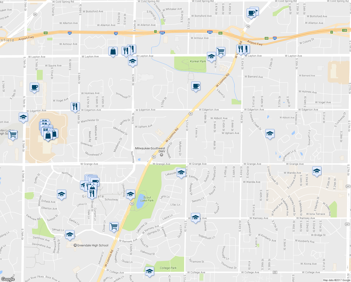 map of restaurants, bars, coffee shops, grocery stores, and more near 5128 Maplewood Drive in Greendale