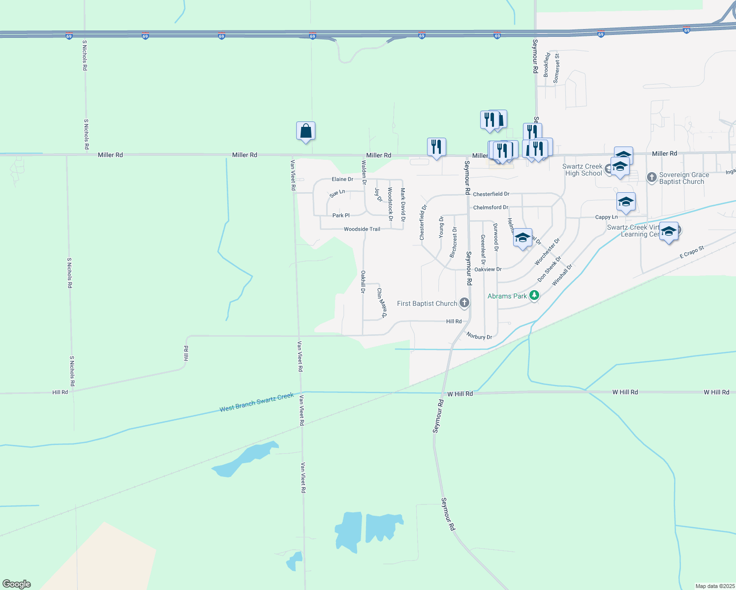 map of restaurants, bars, coffee shops, grocery stores, and more near 5299 Oakhill Dr in Swartz Creek