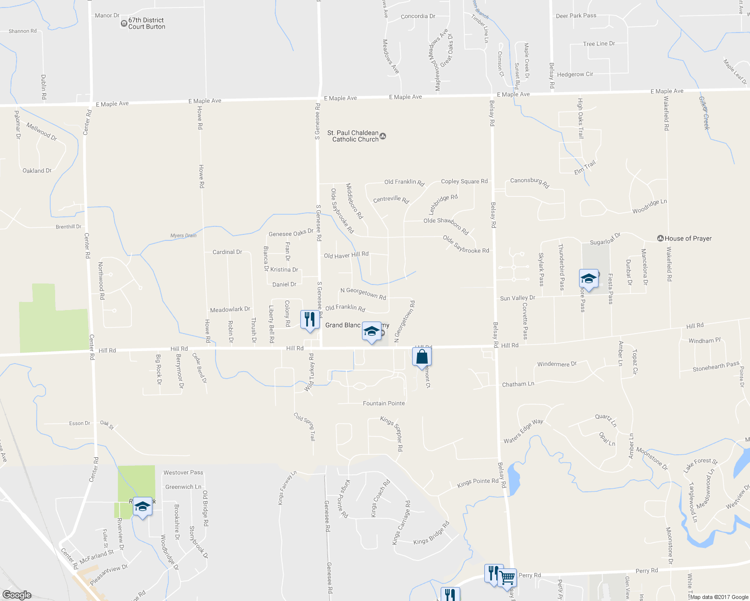 map of restaurants, bars, coffee shops, grocery stores, and more near 5192 North Georgetown Road in Grand Blanc