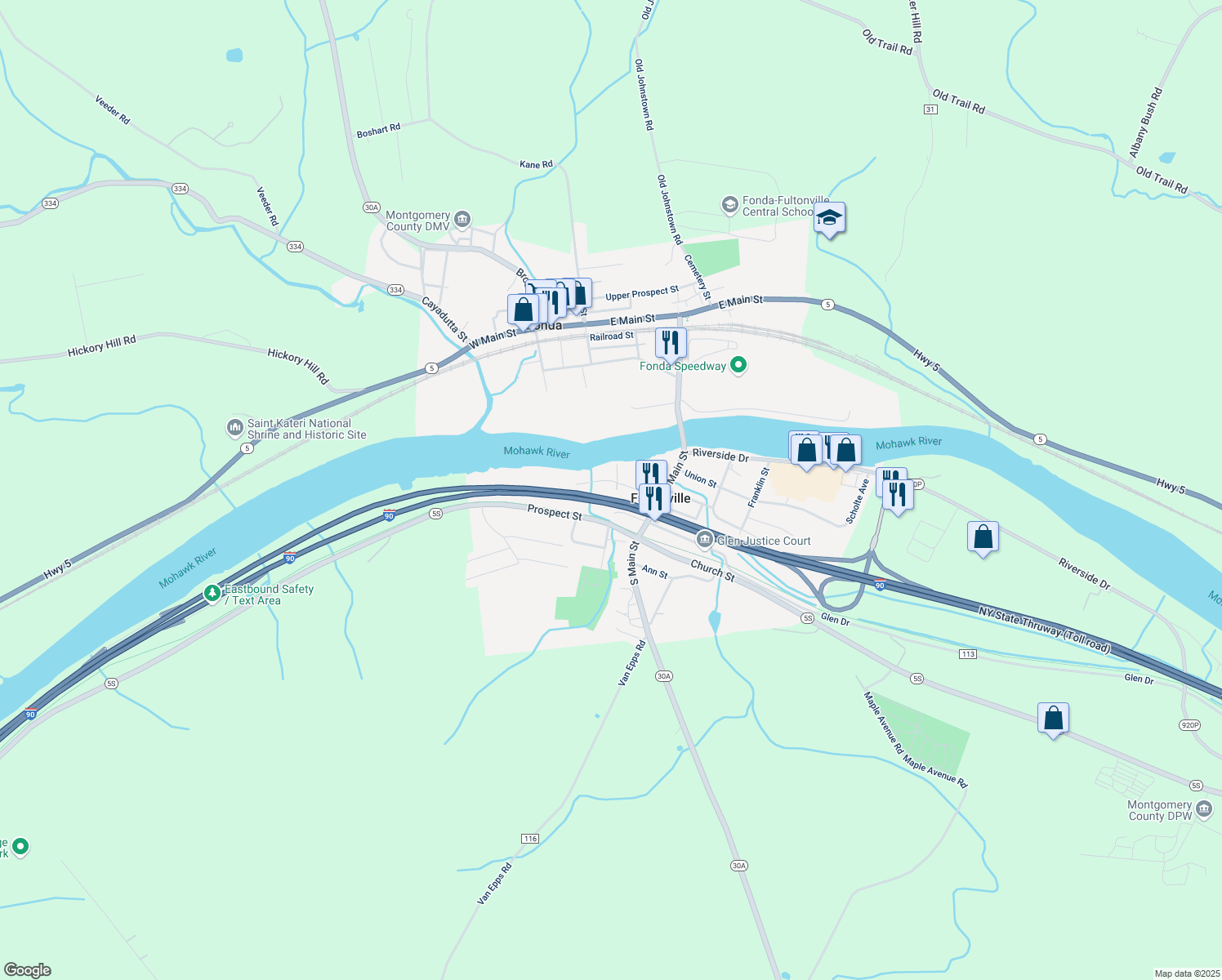 map of restaurants, bars, coffee shops, grocery stores, and more near 9 Mohawk Street in Fultonville