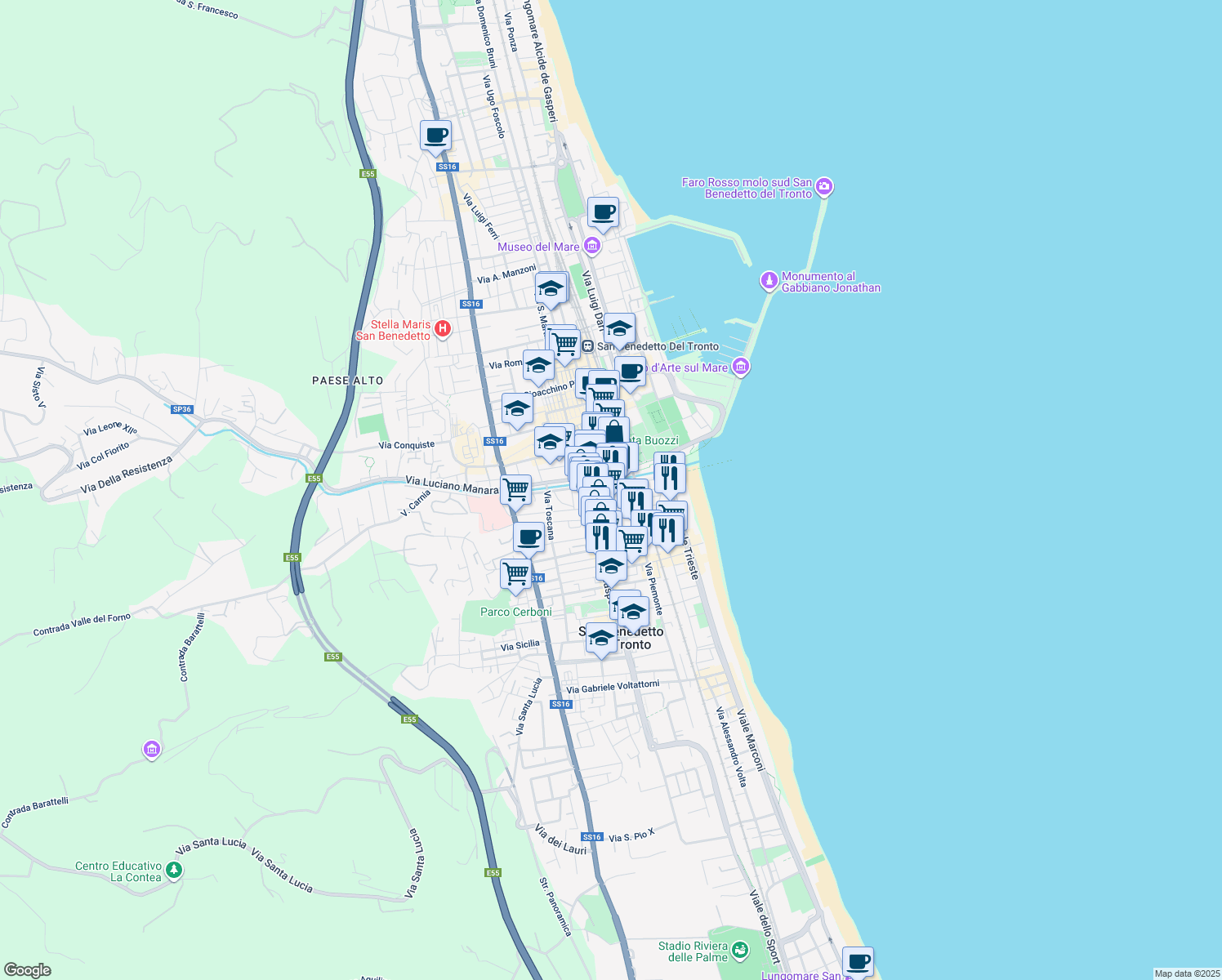 map of restaurants, bars, coffee shops, grocery stores, and more near 6 Via Molise in San Benedetto del Tronto