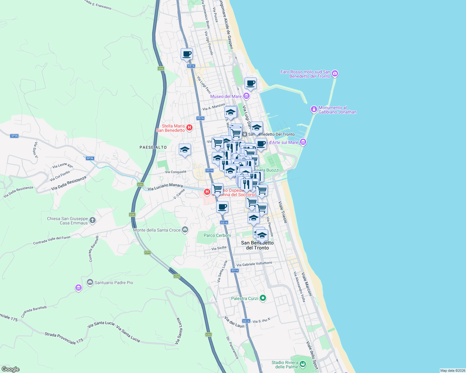 map of restaurants, bars, coffee shops, grocery stores, and more near 46 Via Papa Giovanni XXIII in San Benedetto del Tronto
