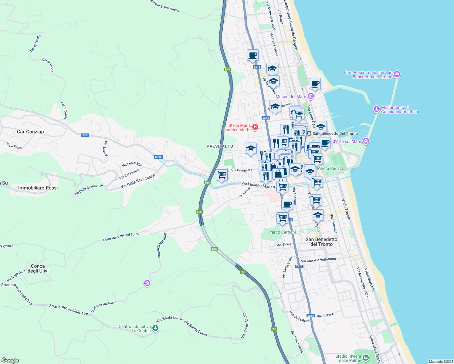 map of restaurants, bars, coffee shops, grocery stores, and more near 128 Via Luciano Manara in San Benedetto del Tronto