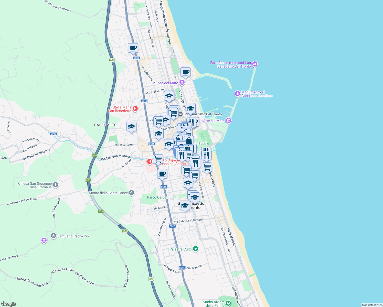 map of restaurants, bars, coffee shops, grocery stores, and more near 97 Via Ugo Bassi in San Benedetto del Tronto