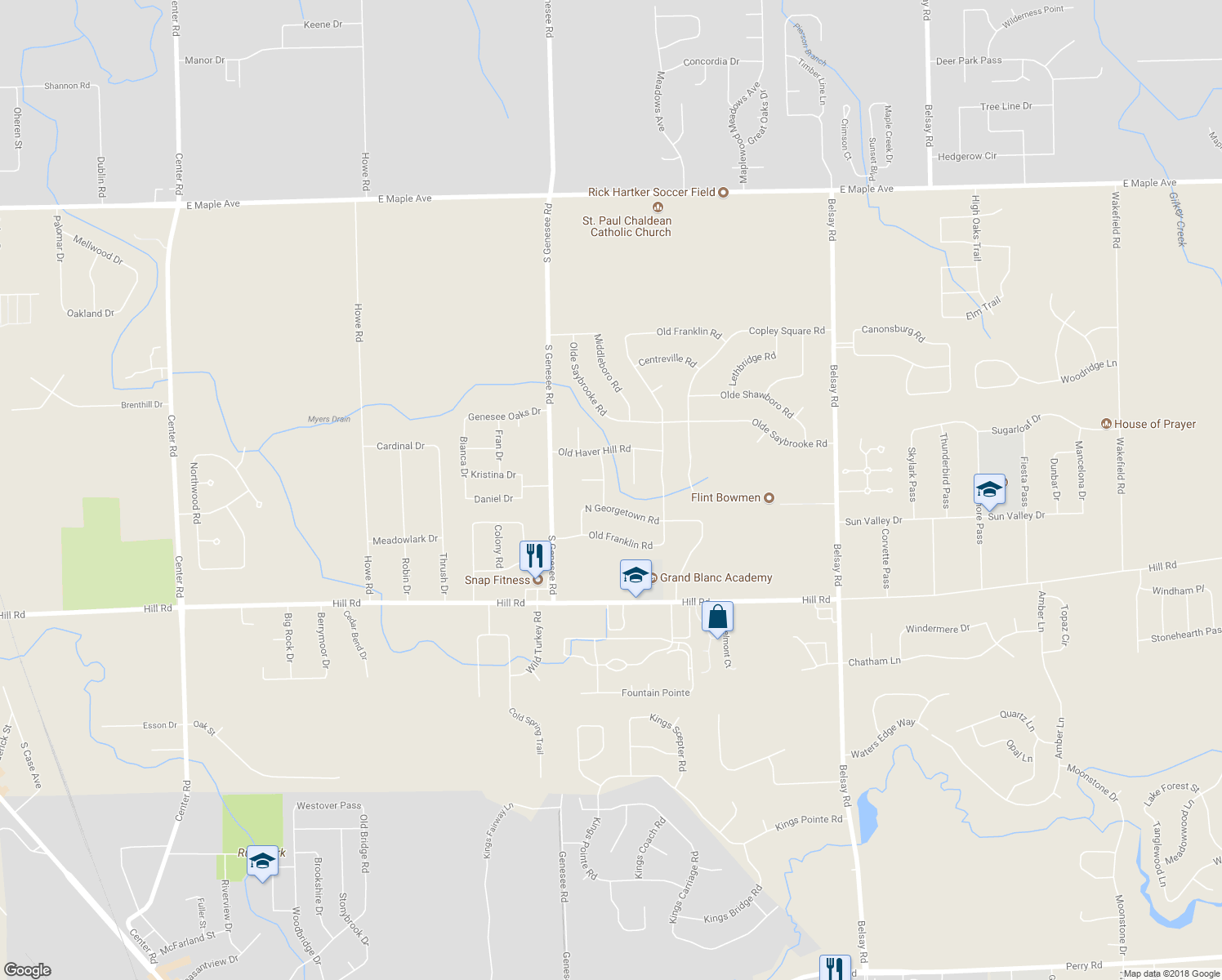 map of restaurants, bars, coffee shops, grocery stores, and more near 5415 Sturbridge Road in Grand Blanc
