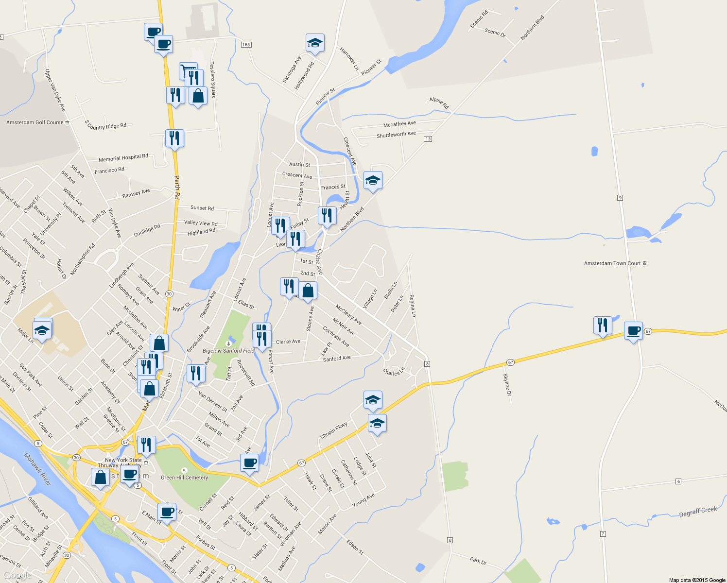 map of restaurants, bars, coffee shops, grocery stores, and more near 8 Village Lane West in Amsterdam