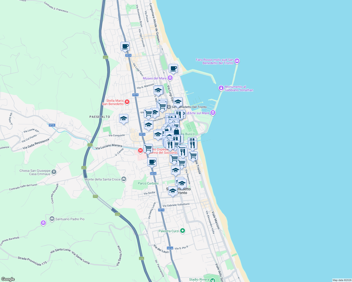 map of restaurants, bars, coffee shops, grocery stores, and more near 97 Via Ugo Bassi in San Benedetto del Tronto