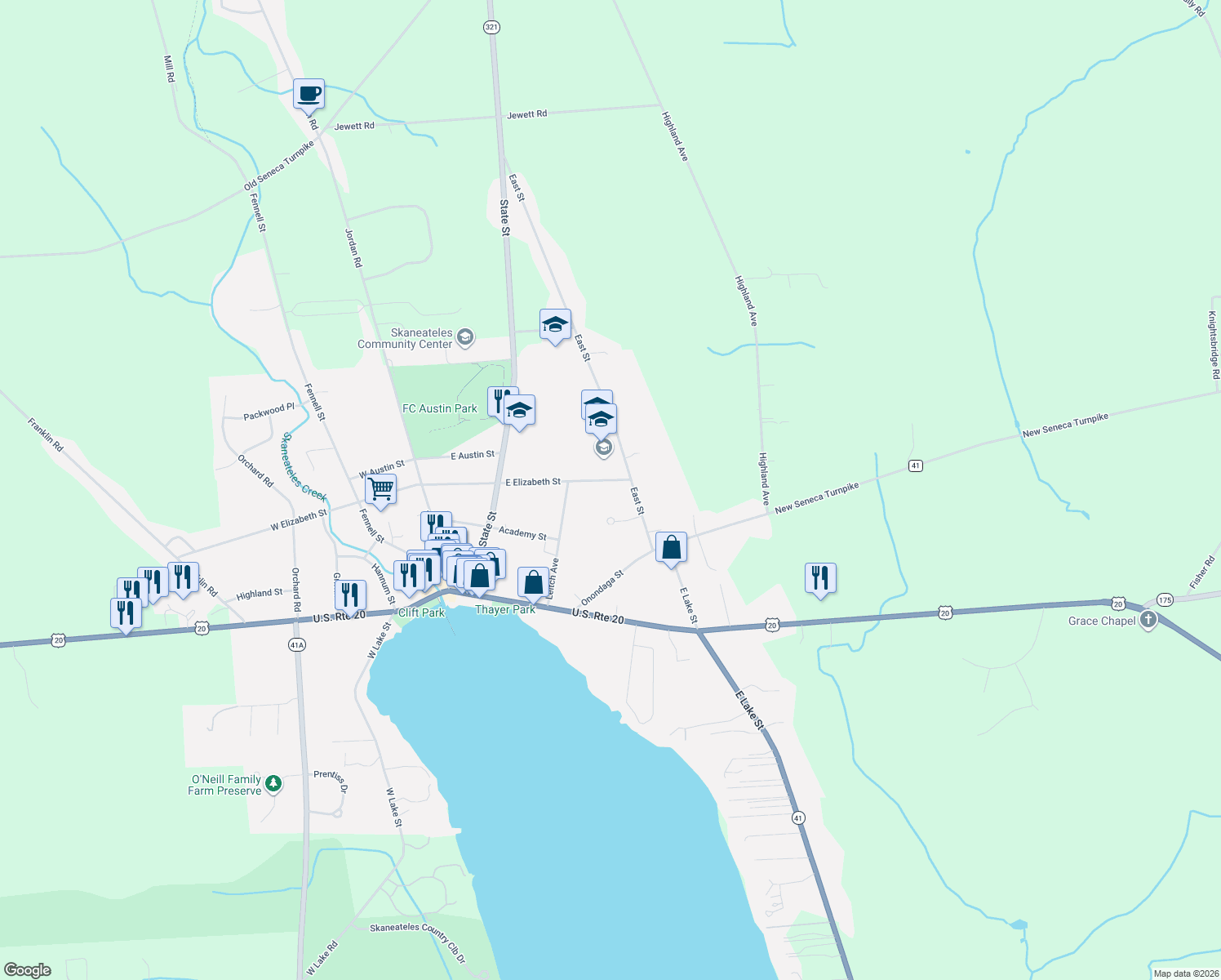 map of restaurants, bars, coffee shops, grocery stores, and more near 64 E Elizabeth St in Skaneateles