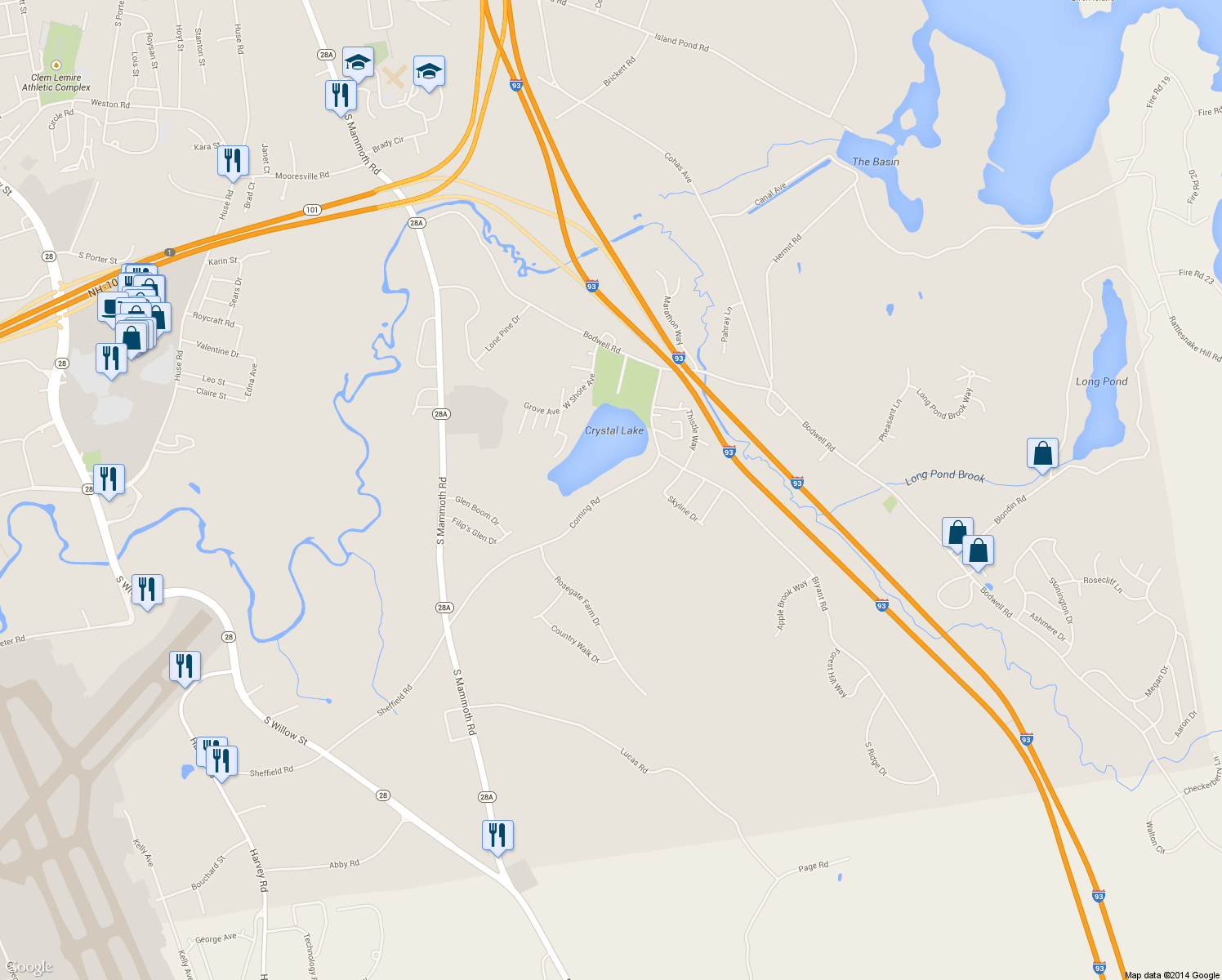 map of restaurants, bars, coffee shops, grocery stores, and more near 510 Corning Rd in Manchester