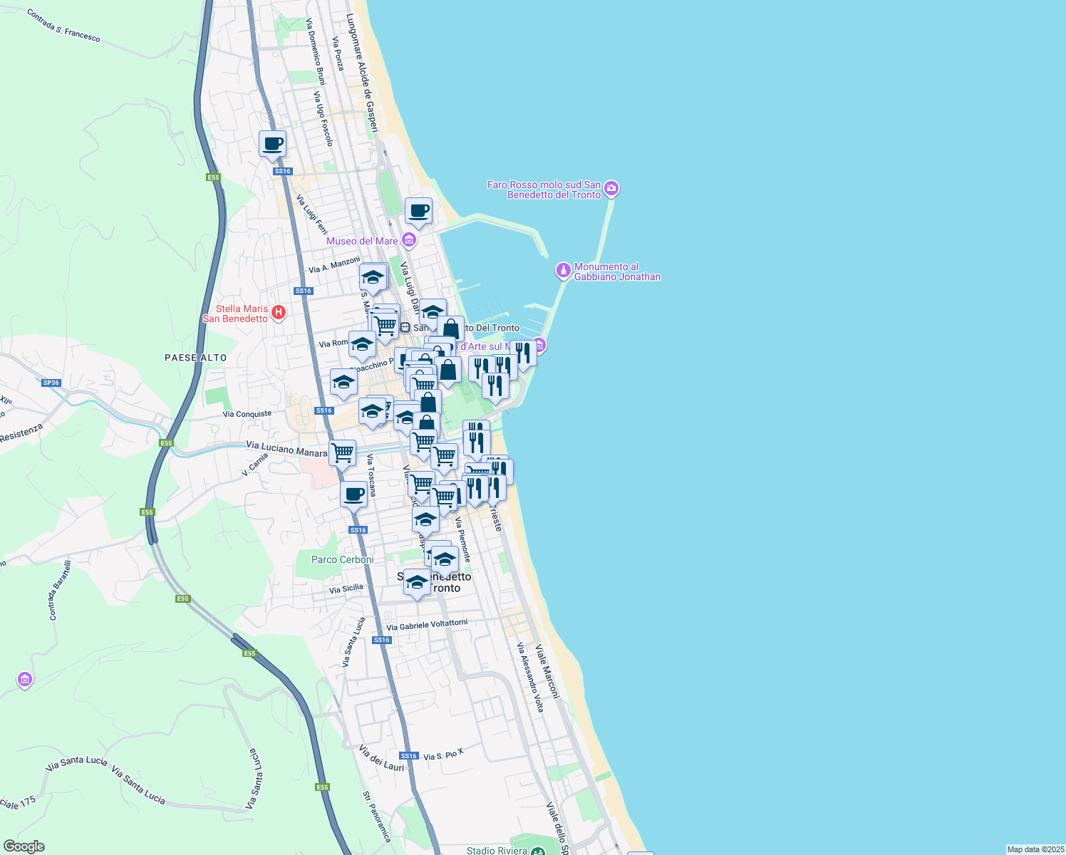 map of restaurants, bars, coffee shops, grocery stores, and more near Viale Tamerici in San Benedetto del Tronto
