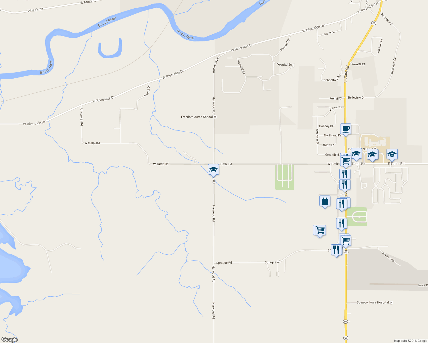 map of restaurants, bars, coffee shops, grocery stores, and more near 2553 Harwood Road in Ionia