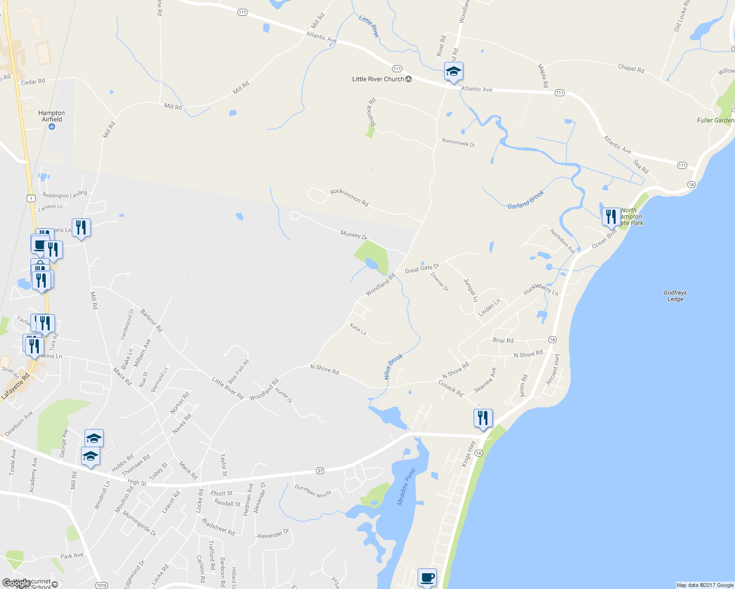 map of restaurants, bars, coffee shops, grocery stores, and more near 190 Woodland Road in Hampton