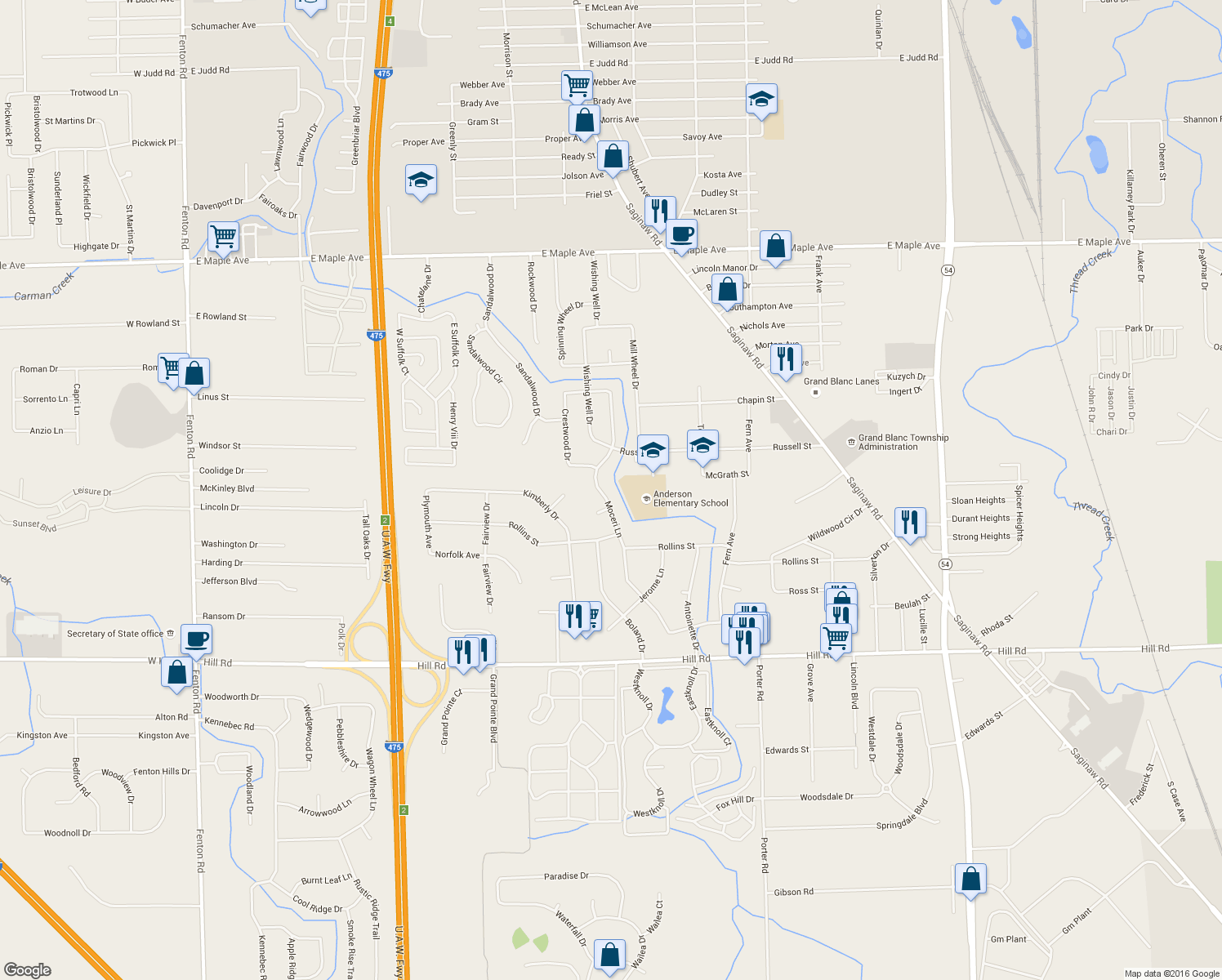 map of restaurants, bars, coffee shops, grocery stores, and more near 5295 Moceri Lane in Grand Blanc
