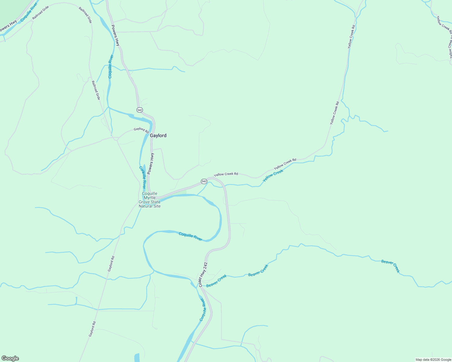 map of restaurants, bars, coffee shops, grocery stores, and more near 95907 Yellow Creek Lane in Myrtle Point