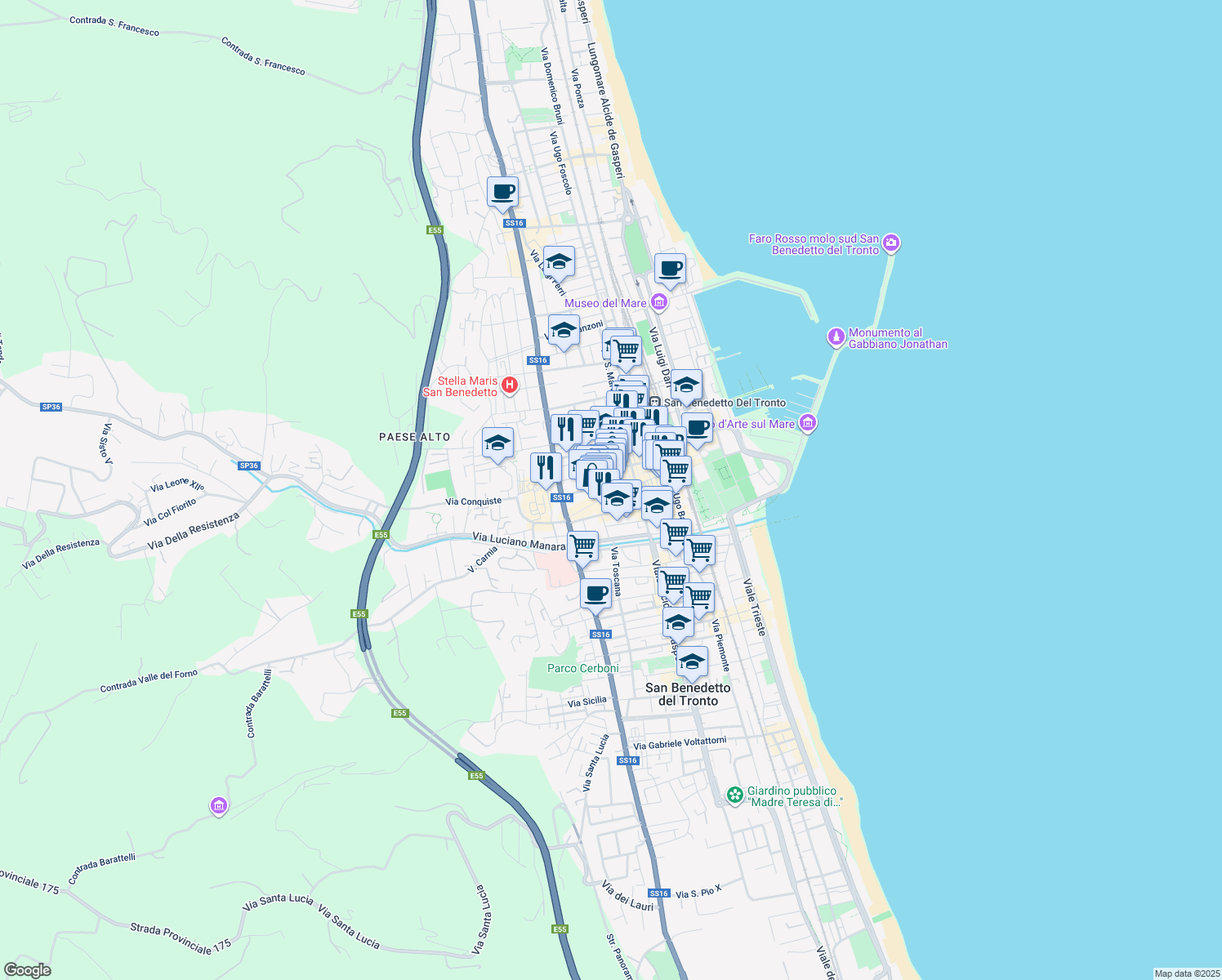 map of restaurants, bars, coffee shops, grocery stores, and more near 85 Via XX Settembre in San Benedetto del Tronto