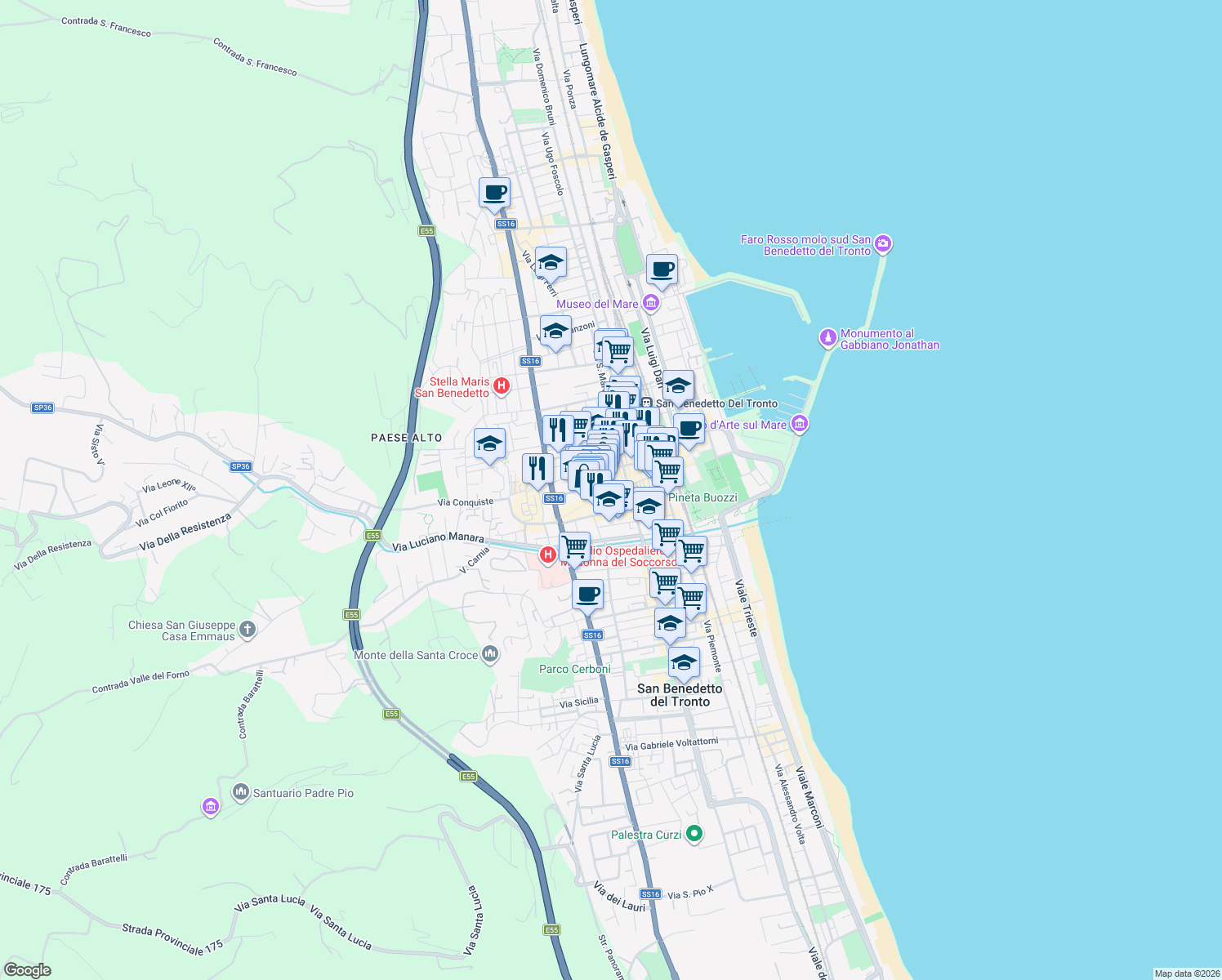 map of restaurants, bars, coffee shops, grocery stores, and more near 85 Via XX Settembre in San Benedetto del Tronto