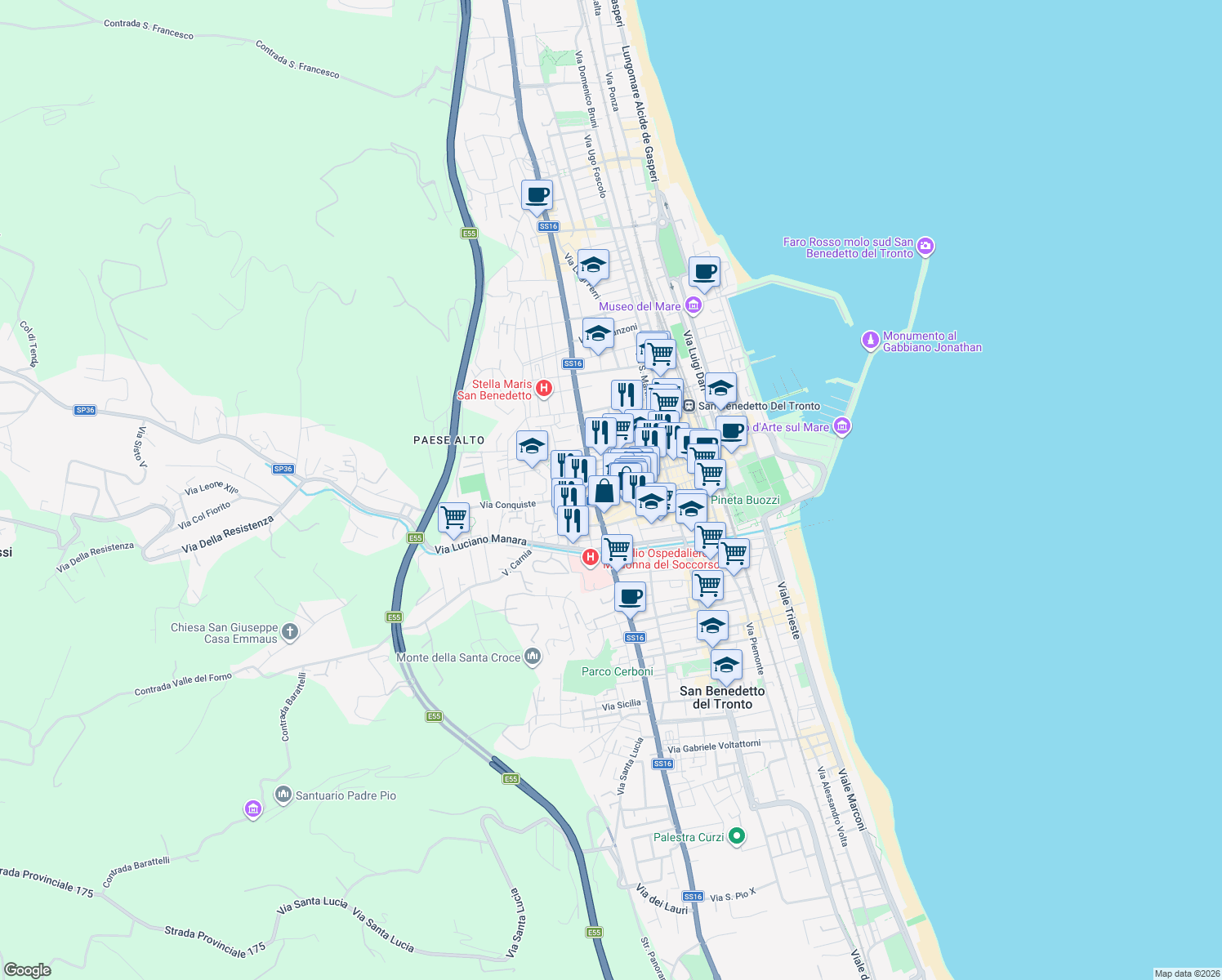 map of restaurants, bars, coffee shops, grocery stores, and more near 2 Via Spinozzi Neutro in San Benedetto del Tronto
