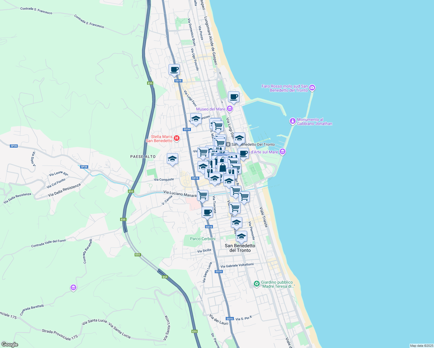 map of restaurants, bars, coffee shops, grocery stores, and more near 21 Viale Secondo Moretti in San Benedetto del Tronto