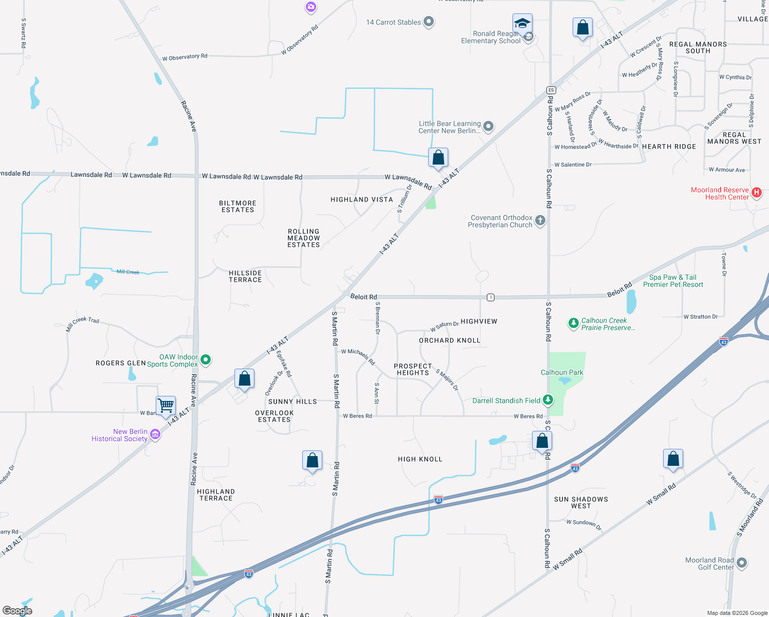 map of restaurants, bars, coffee shops, grocery stores, and more near 5120 South Brennan Drive in New Berlin
