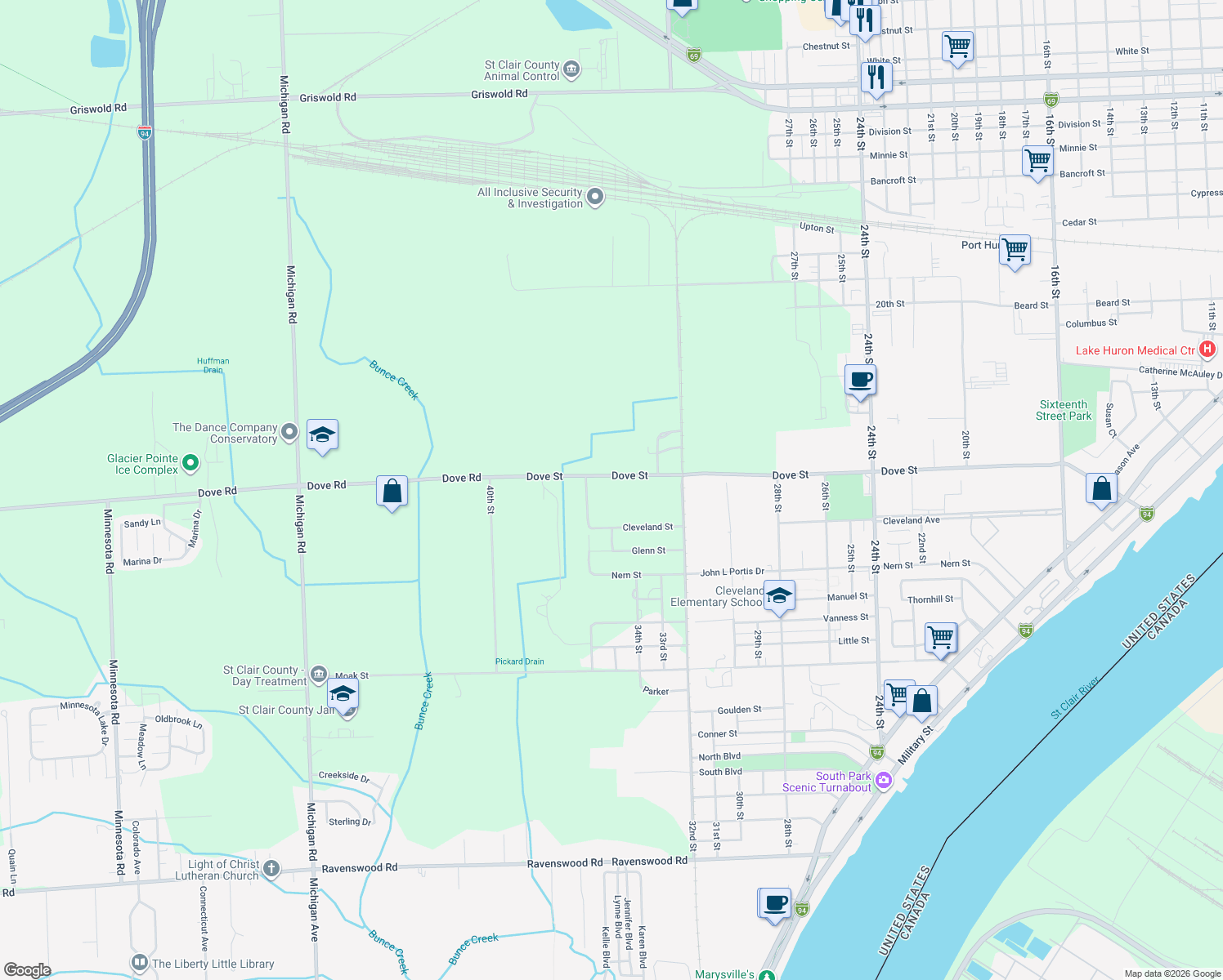 map of restaurants, bars, coffee shops, grocery stores, and more near 3363 Dove Rd in Port Huron Township