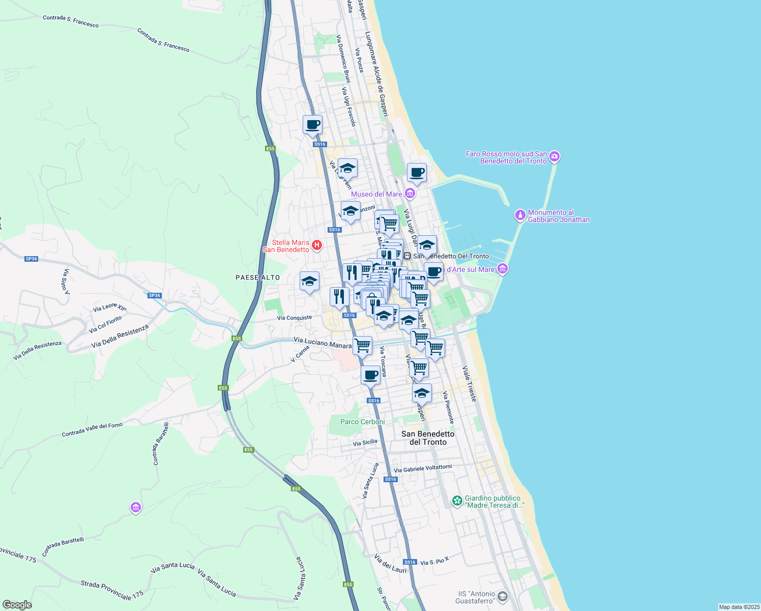 map of restaurants, bars, coffee shops, grocery stores, and more near 85 Via XX Settembre in San Benedetto del Tronto