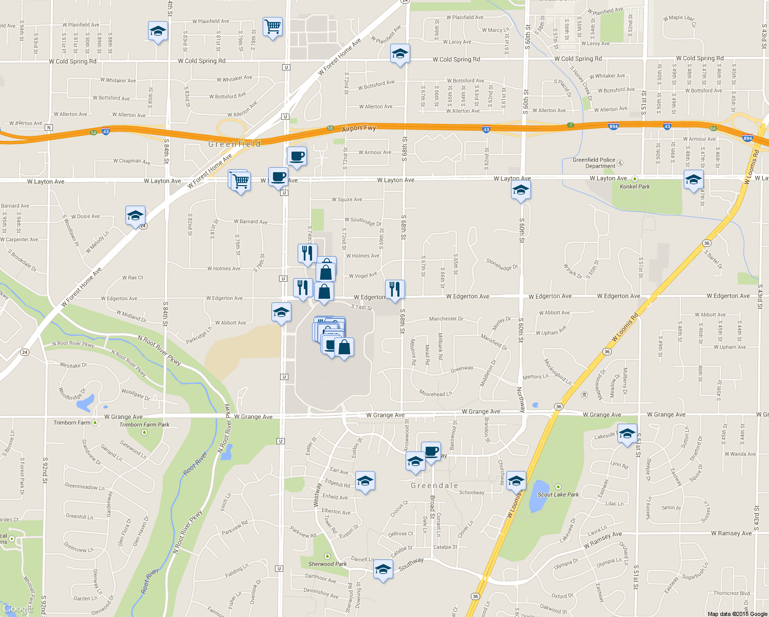map of restaurants, bars, coffee shops, grocery stores, and more near 6901 West Edgerton Avenue in Greenfield