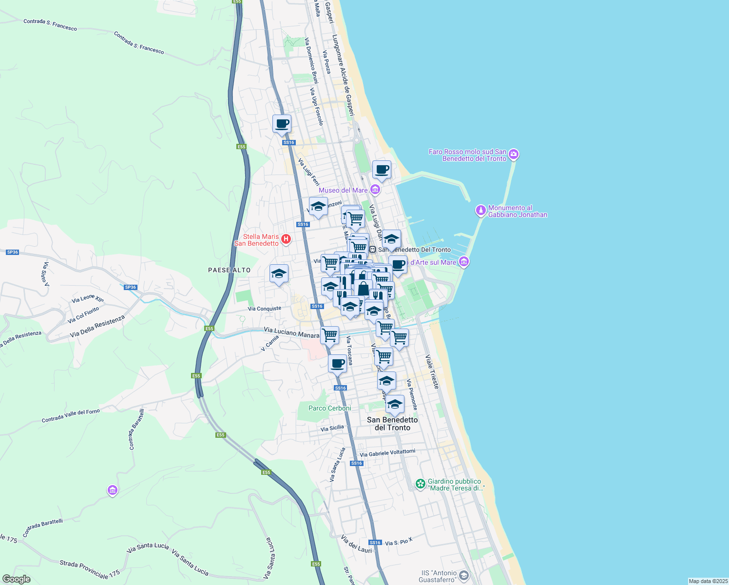 map of restaurants, bars, coffee shops, grocery stores, and more near 21 Viale Secondo Moretti in San Benedetto del Tronto