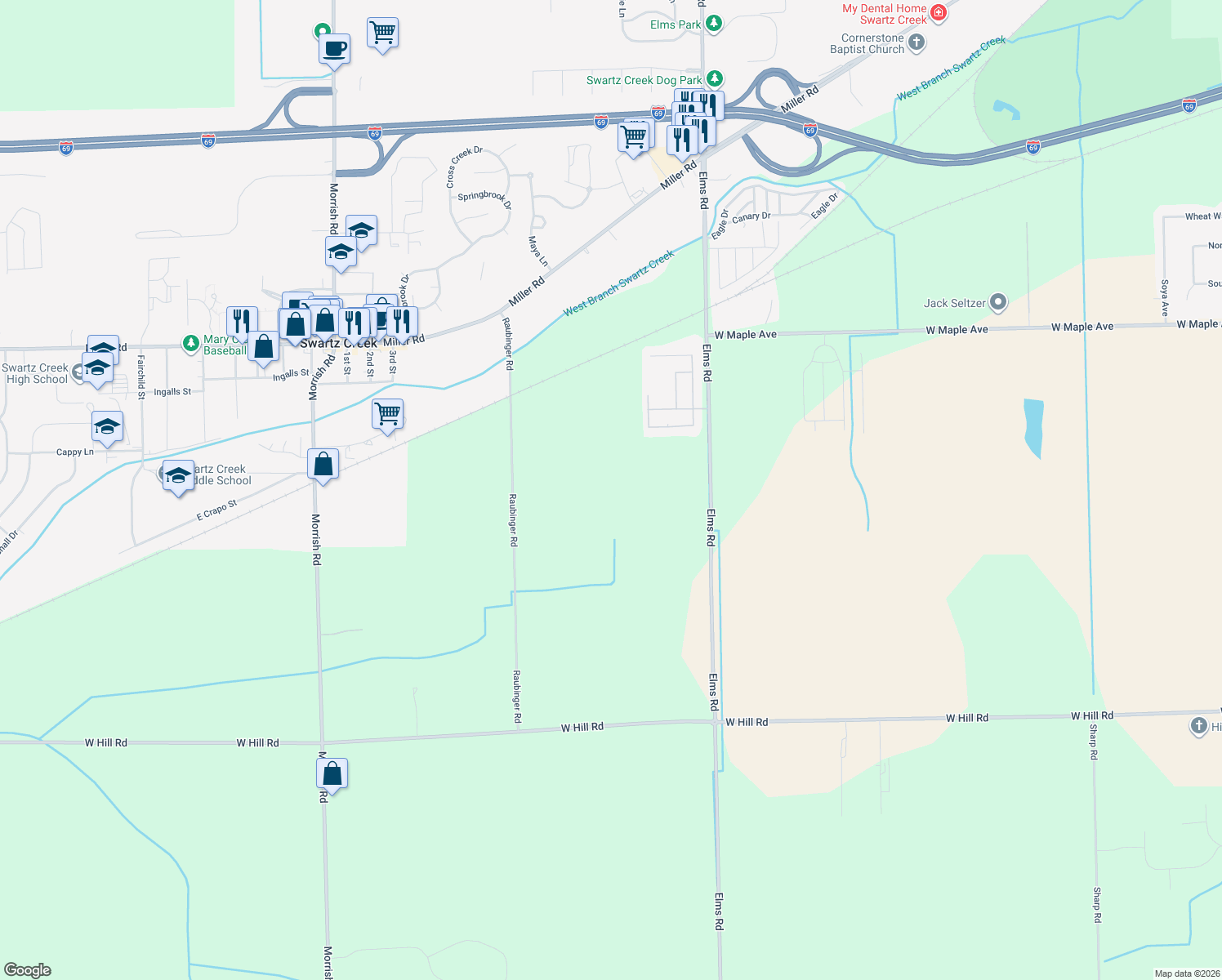 map of restaurants, bars, coffee shops, grocery stores, and more near 5201 Raubinger Road in Swartz Creek