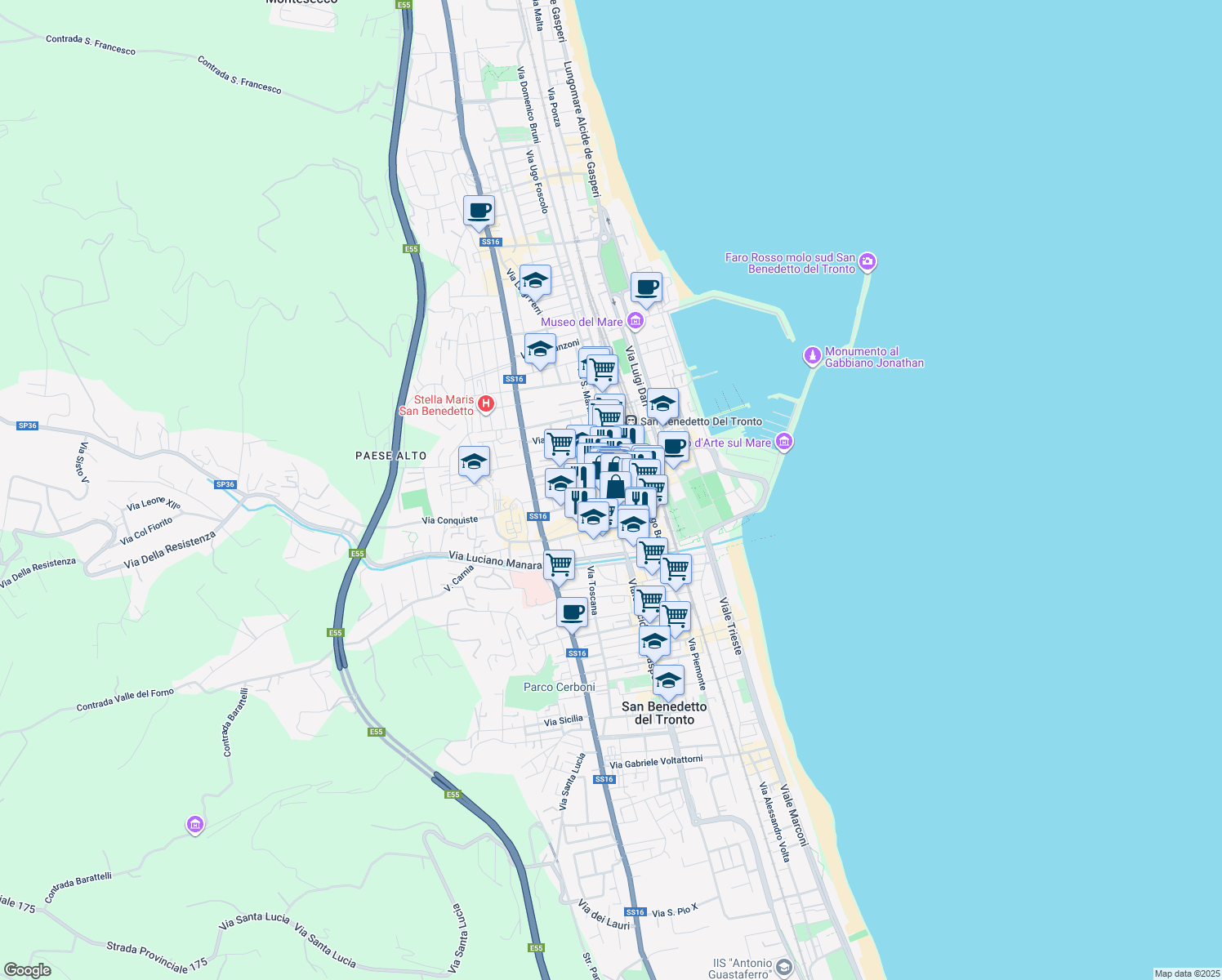 map of restaurants, bars, coffee shops, grocery stores, and more near 21 Viale Secondo Moretti in San Benedetto del Tronto