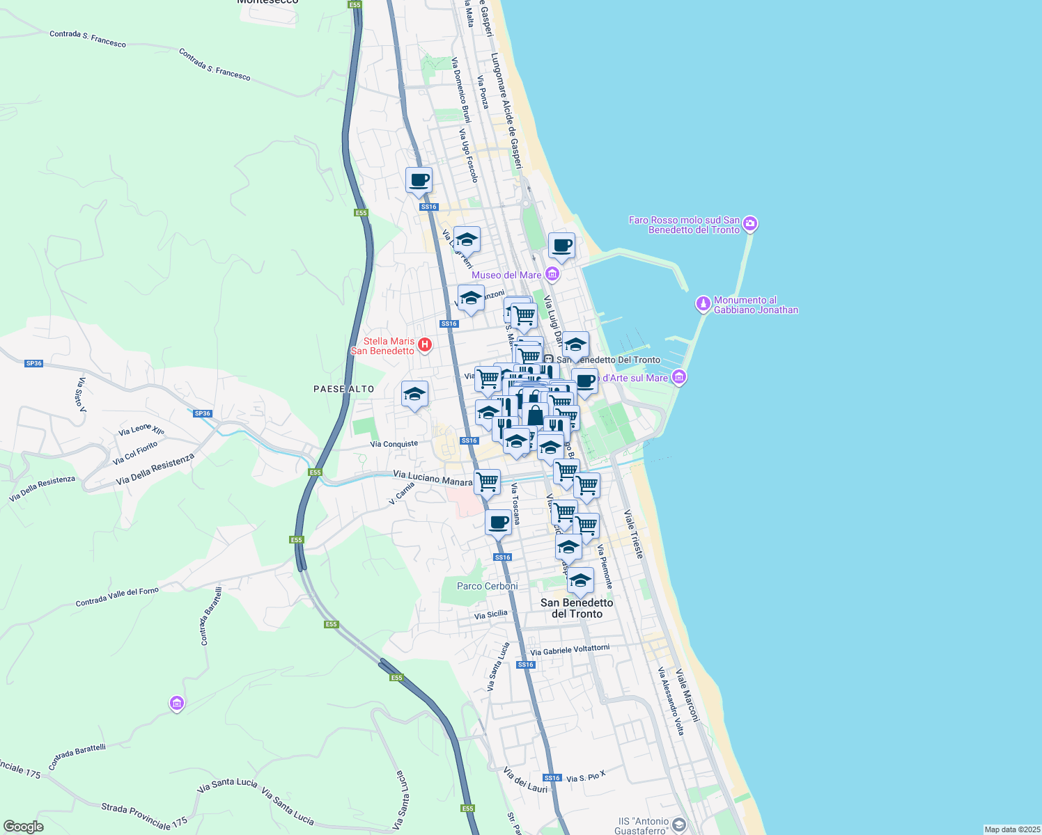map of restaurants, bars, coffee shops, grocery stores, and more near 21 Viale Secondo Moretti in San Benedetto del Tronto