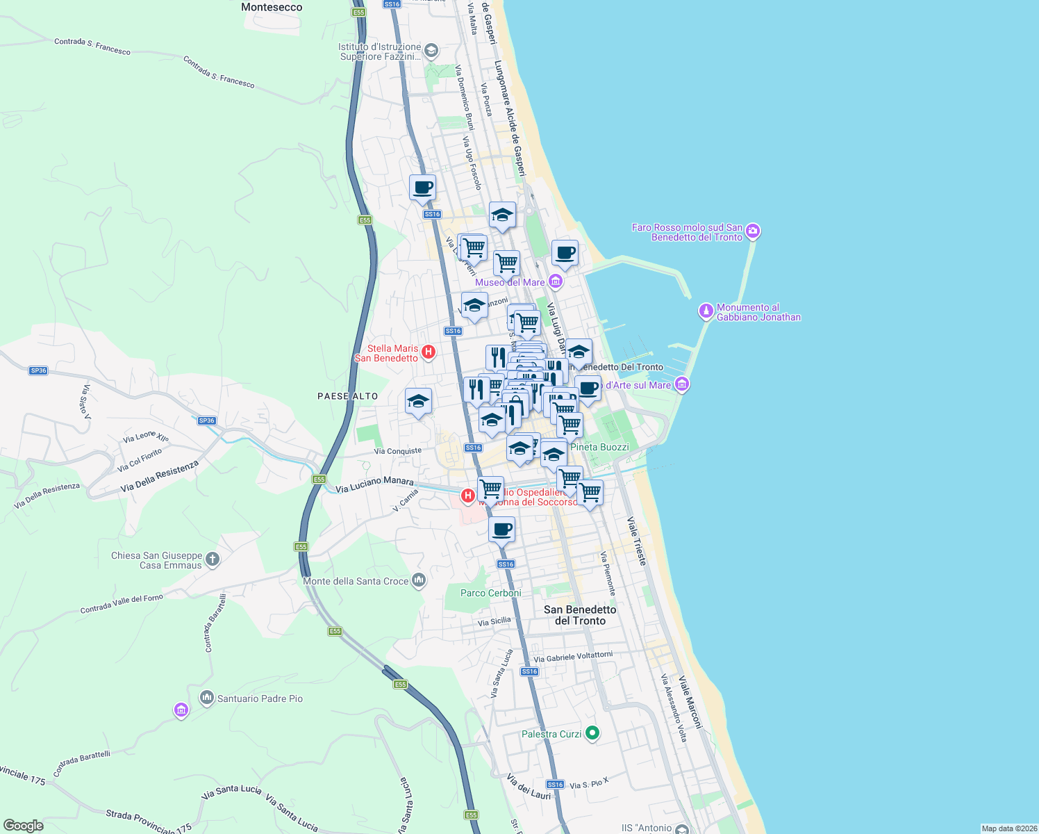 map of restaurants, bars, coffee shops, grocery stores, and more near 59 Via Gioacchino Pizzi in San Benedetto del Tronto