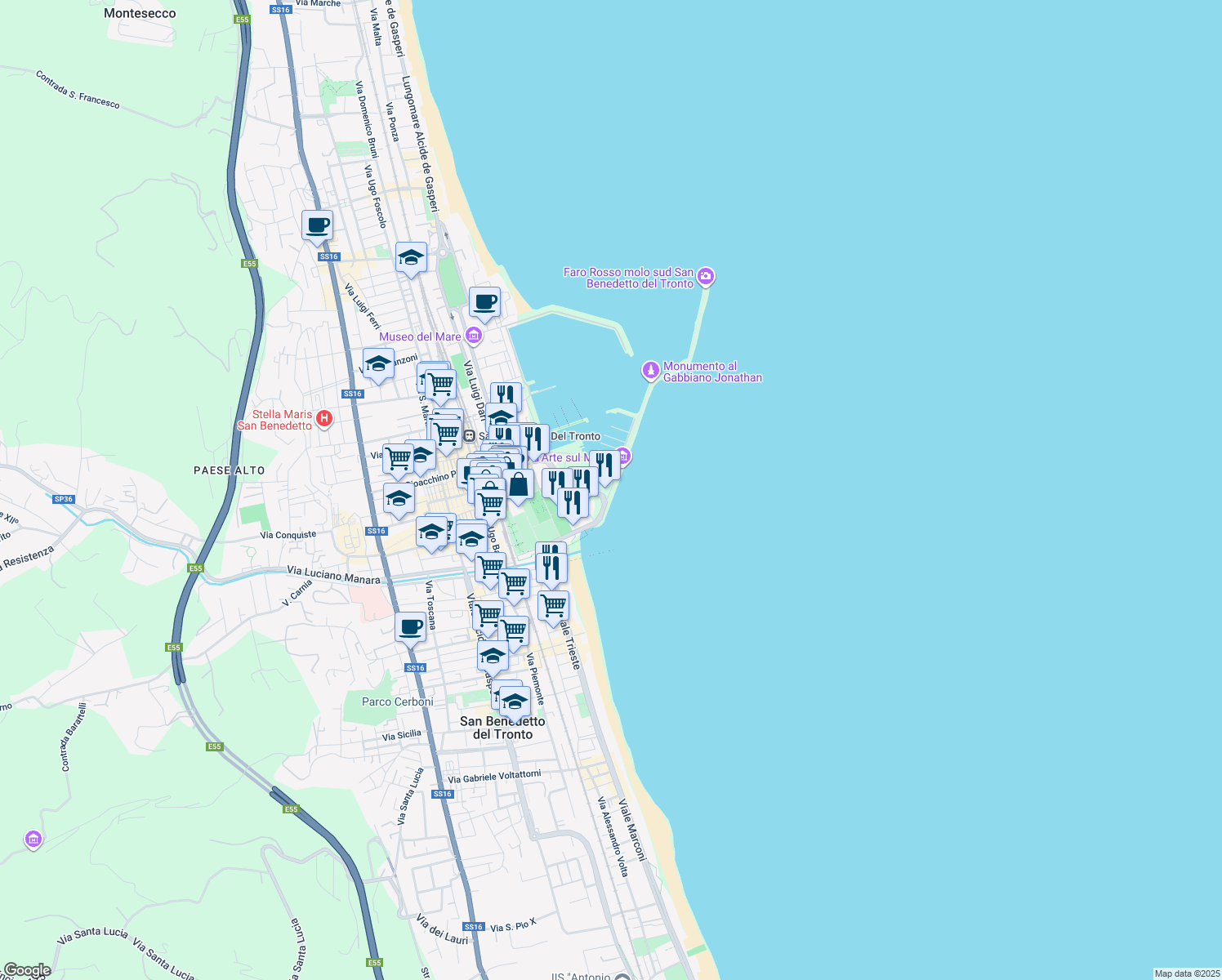 map of restaurants, bars, coffee shops, grocery stores, and more near Viale Tamerici in San Benedetto del Tronto