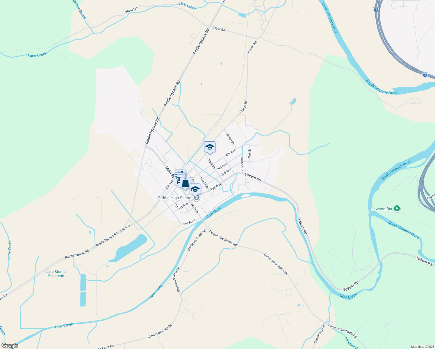 map of restaurants, bars, coffee shops, grocery stores, and more near 212 Park Street in Riddle