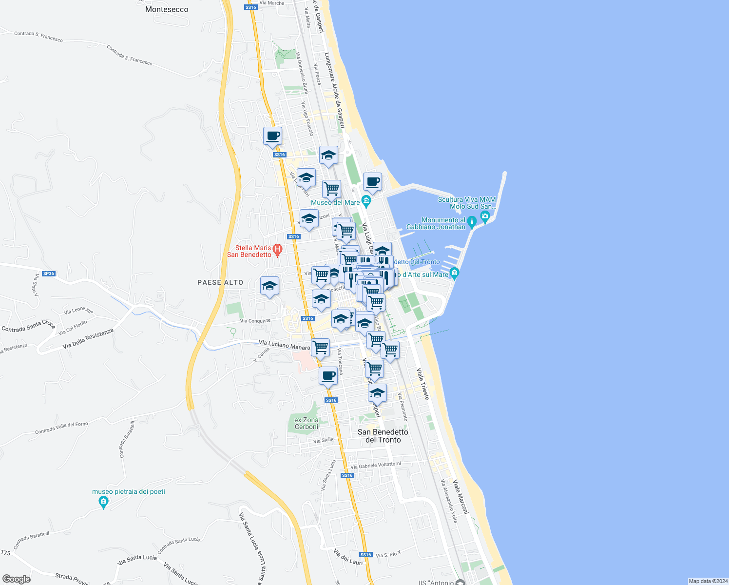 map of restaurants, bars, coffee shops, grocery stores, and more near 11 Via Raffaello Sanzio in San Benedetto del Tronto