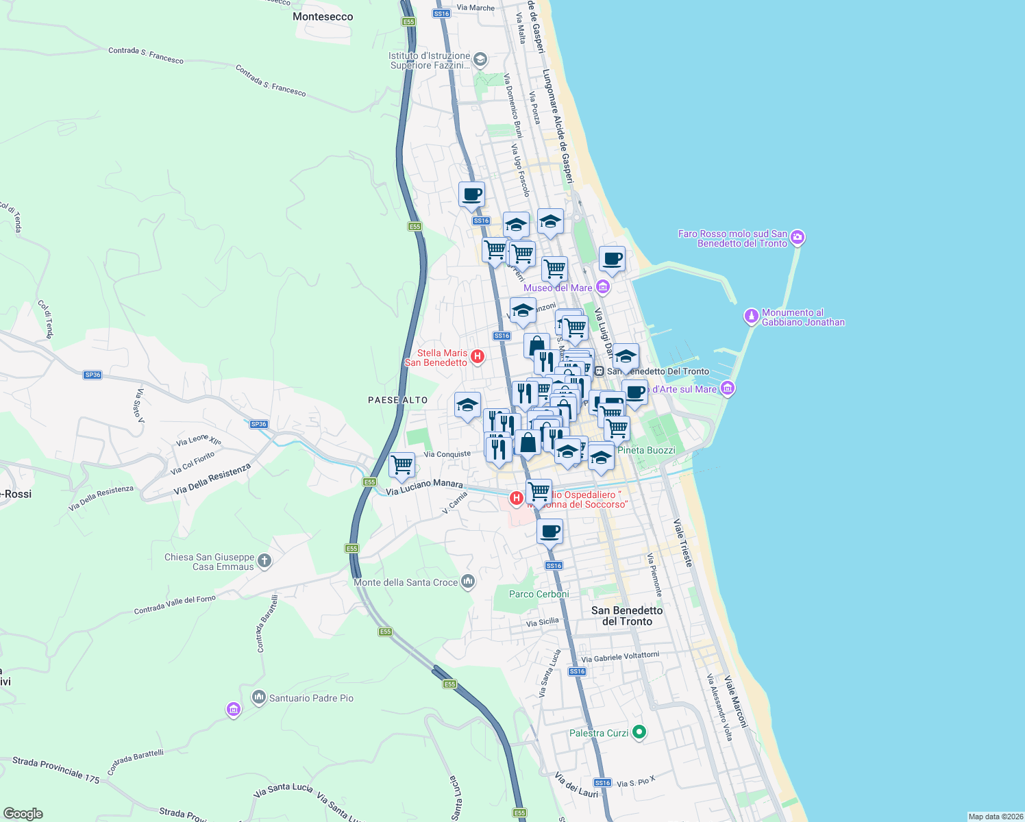 map of restaurants, bars, coffee shops, grocery stores, and more near 93 Corso Giuseppe Mazzini in San Benedetto del Tronto