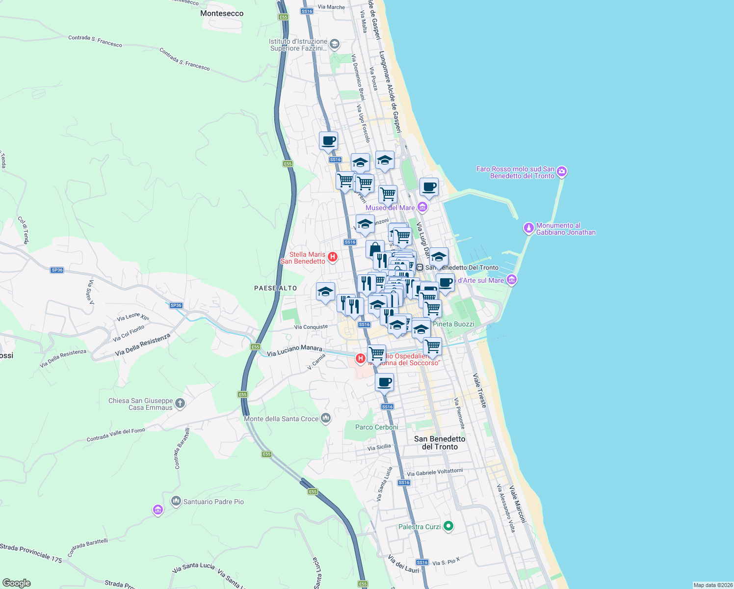 map of restaurants, bars, coffee shops, grocery stores, and more near 10 Via Giovanni Pascoli in San Benedetto del Tronto