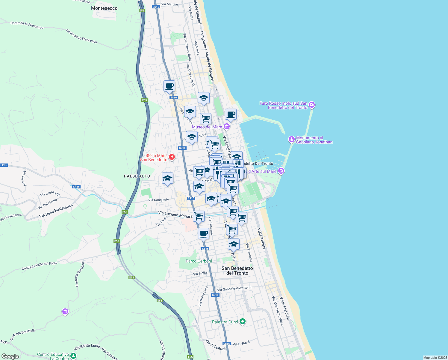 map of restaurants, bars, coffee shops, grocery stores, and more near 18 Via Raffaello Sanzio in San Benedetto del Tronto