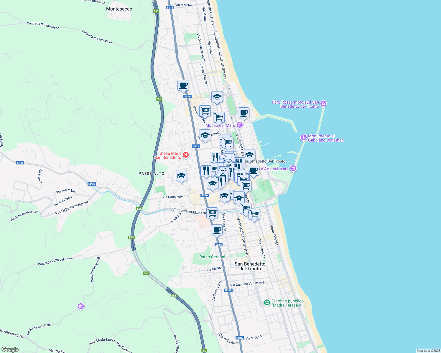 map of restaurants, bars, coffee shops, grocery stores, and more near 59 Via Gioacchino Pizzi in San Benedetto del Tronto