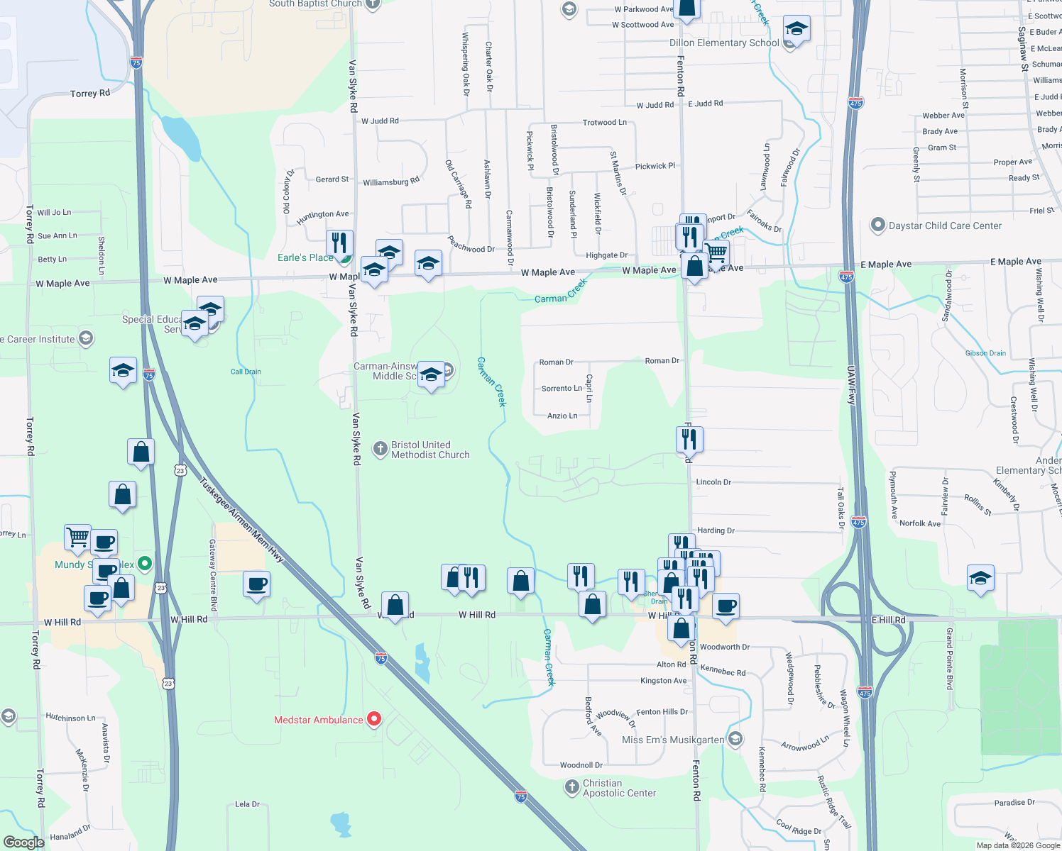 map of restaurants, bars, coffee shops, grocery stores, and more near 1245 Anzio Ln in Flint