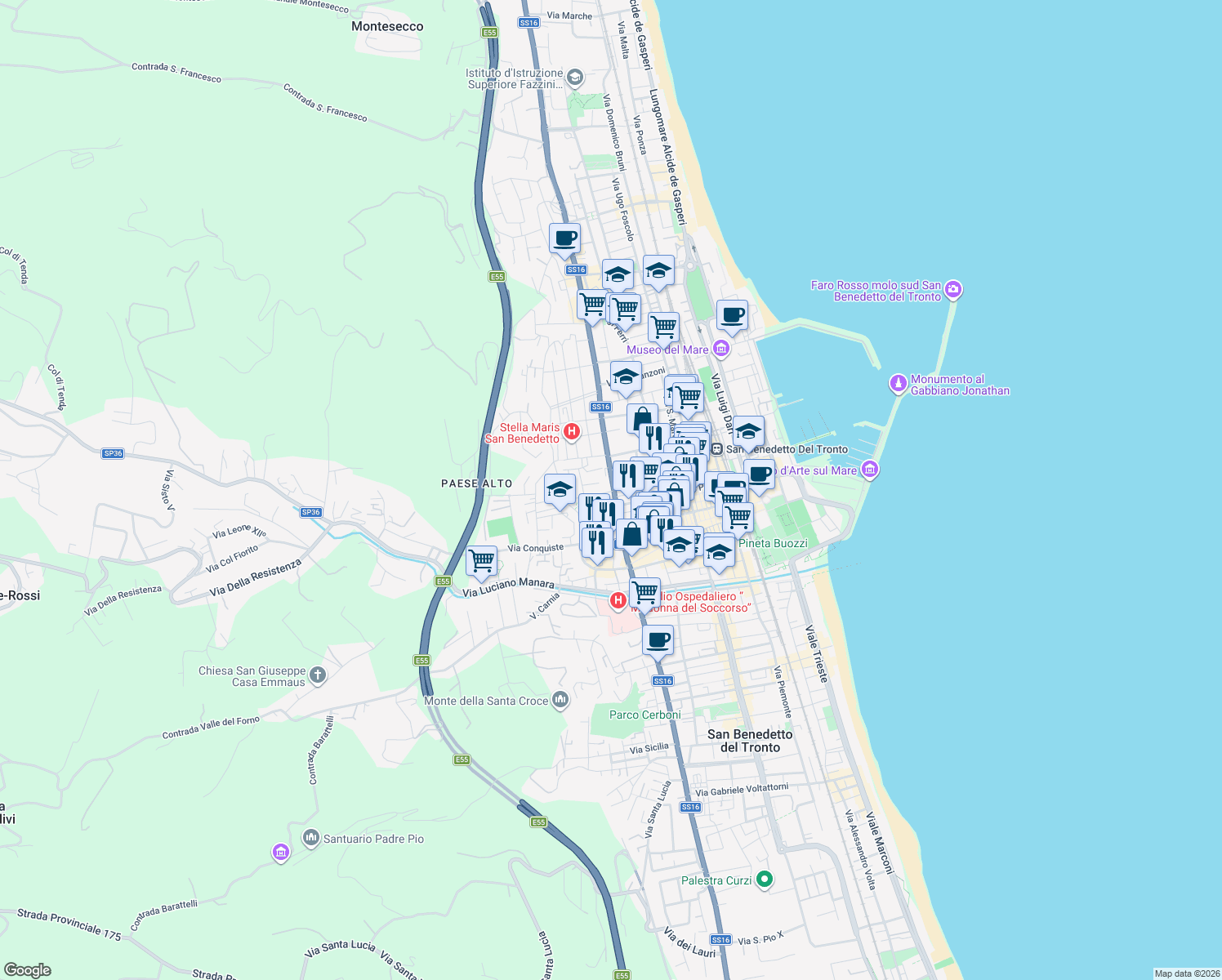 map of restaurants, bars, coffee shops, grocery stores, and more near 93 Corso Giuseppe Mazzini in San Benedetto del Tronto