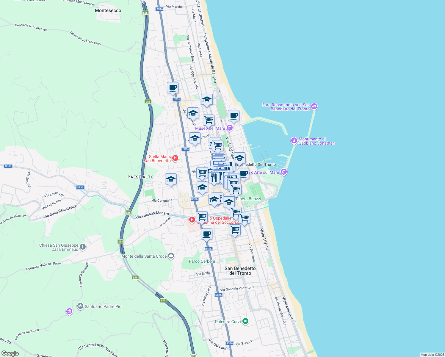 map of restaurants, bars, coffee shops, grocery stores, and more near 11 Via Raffaello Sanzio in San Benedetto del Tronto