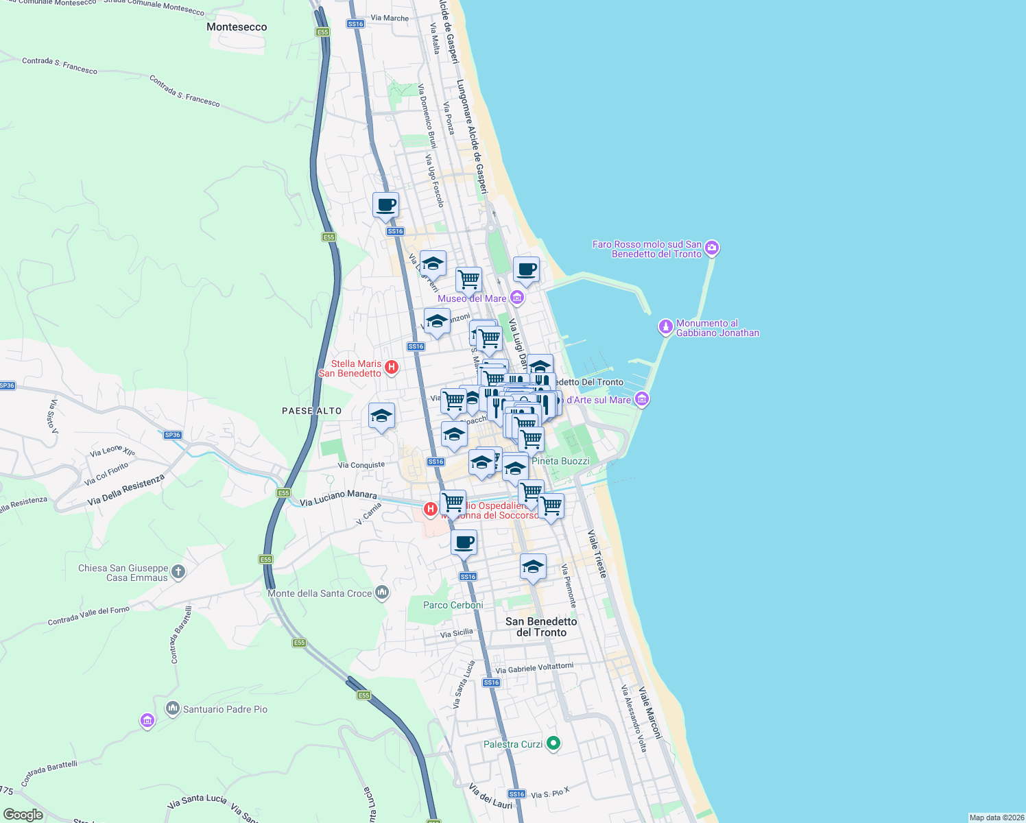map of restaurants, bars, coffee shops, grocery stores, and more near 18 Via Raffaello Sanzio in San Benedetto del Tronto