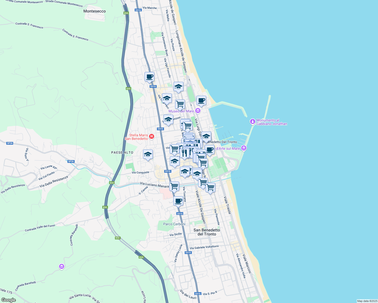 map of restaurants, bars, coffee shops, grocery stores, and more near 11 Via Raffaello Sanzio in San Benedetto del Tronto