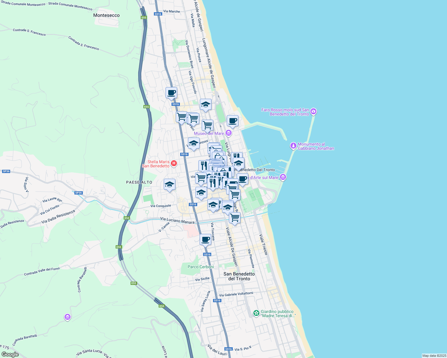 map of restaurants, bars, coffee shops, grocery stores, and more near 106 Via Roma in San Benedetto del Tronto